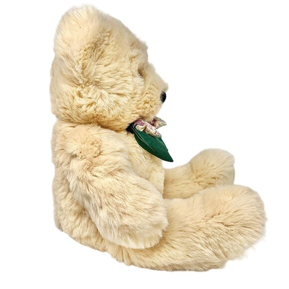 Vintage Plush Teddy Bear Beige With Puffy Green & Floral Bow Tie Unbranded  18" - Picture 4 of 6